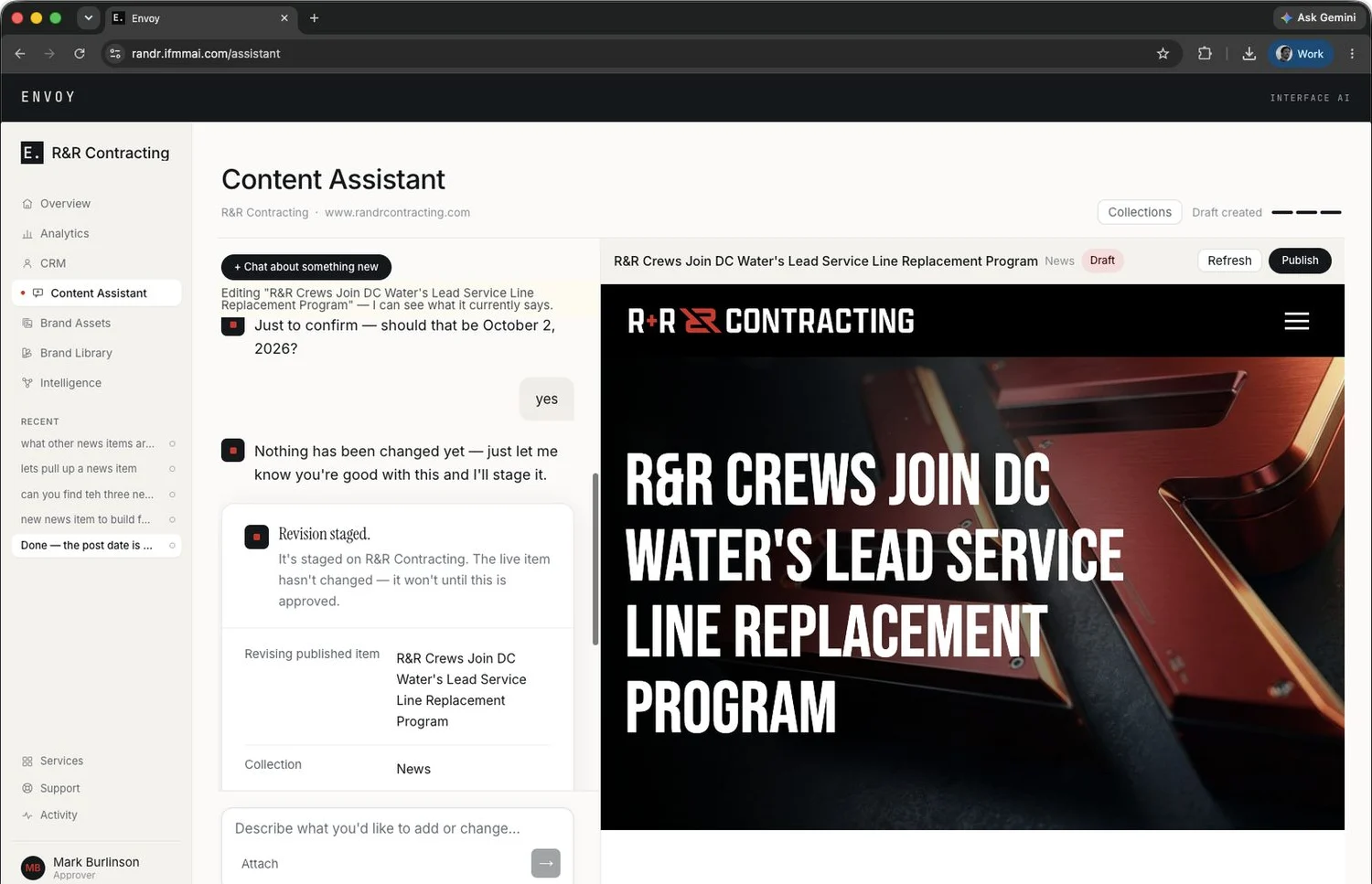 The Envoy assistant beside a live preview of a news story in R&R Contracting’s page template.