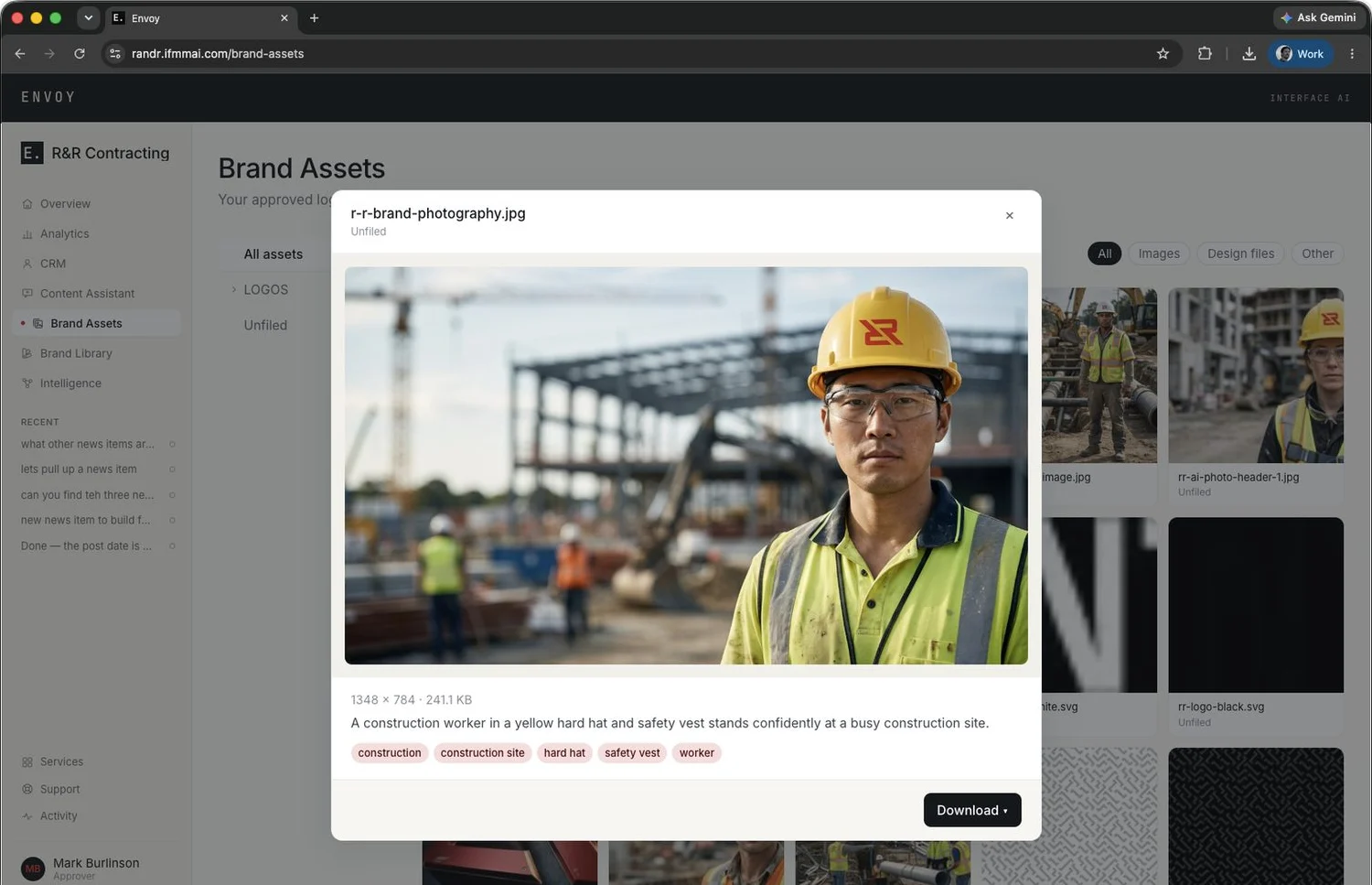 The Envoy brand assets library with one photograph open, showing its size, description, tags and a download menu.