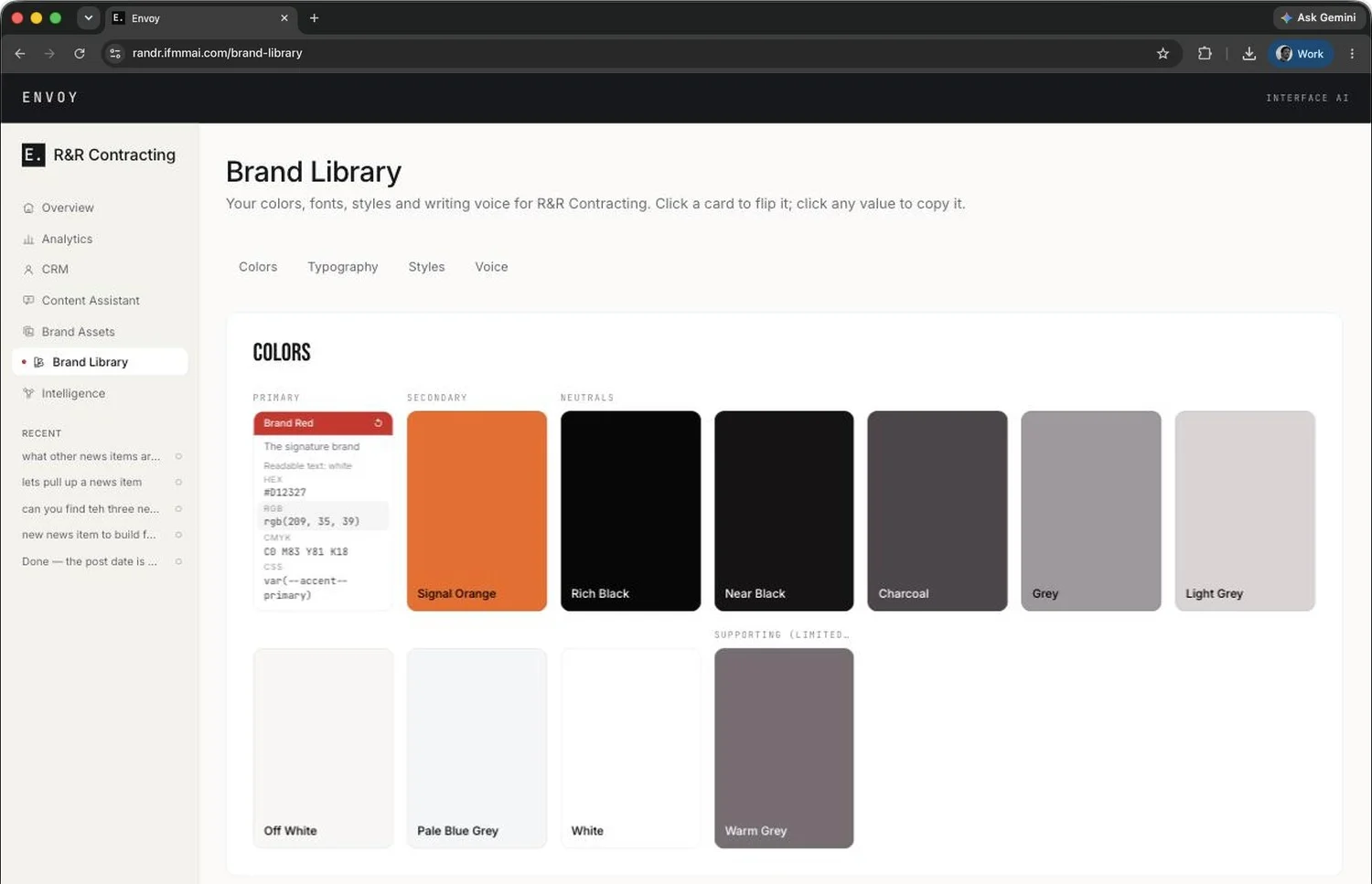 The Envoy Brand Library color palette for R&R Contracting, with the Brand Red card flipped to show its HEX, RGB, CMYK and CSS values.