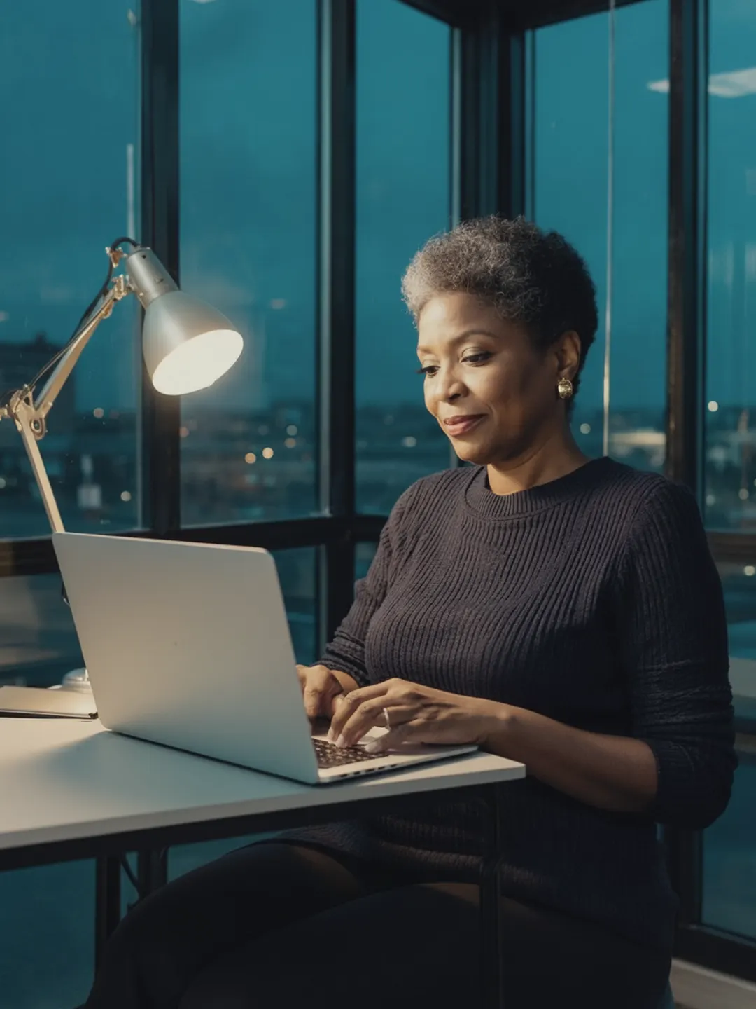 A marketing vice president reads a draft on her laptop in a glass corner office at dusk.