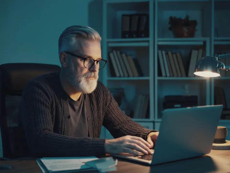 A communications vice president reads a draft on his laptop in his study in the evening.