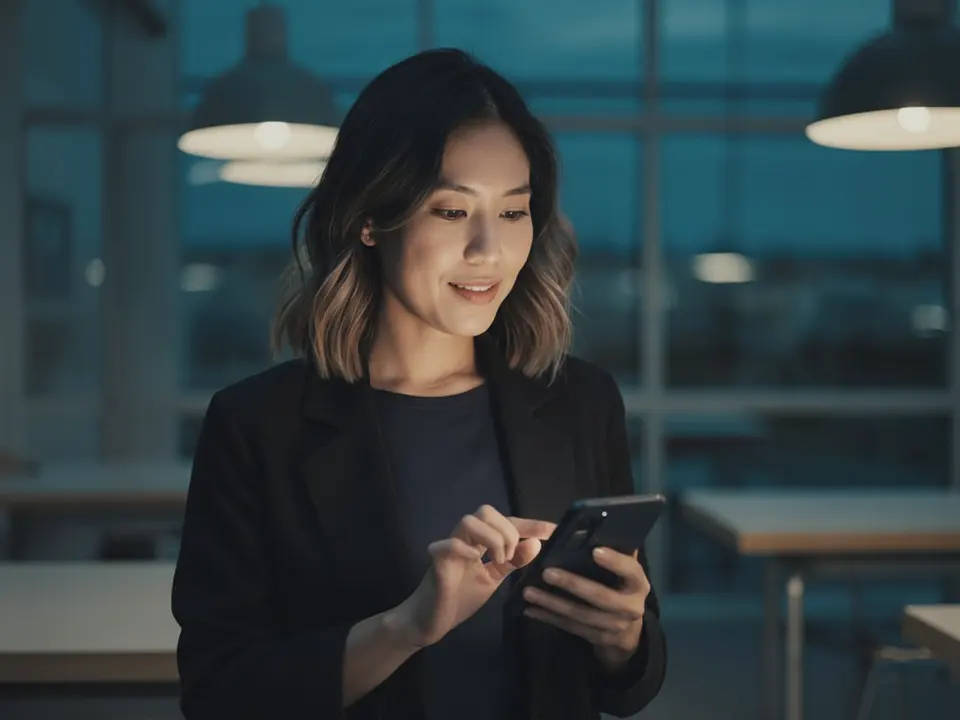 A director of growth checks her phone in a dim office at dusk.