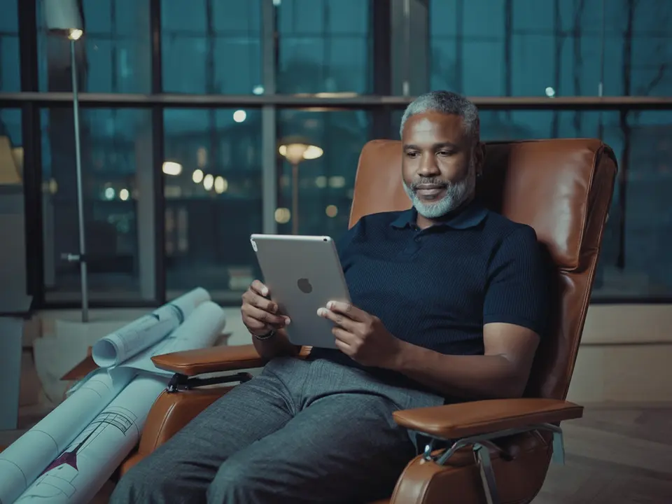 A marketing vice president reviews a draft on a tablet from a lounge chair in his office at night.