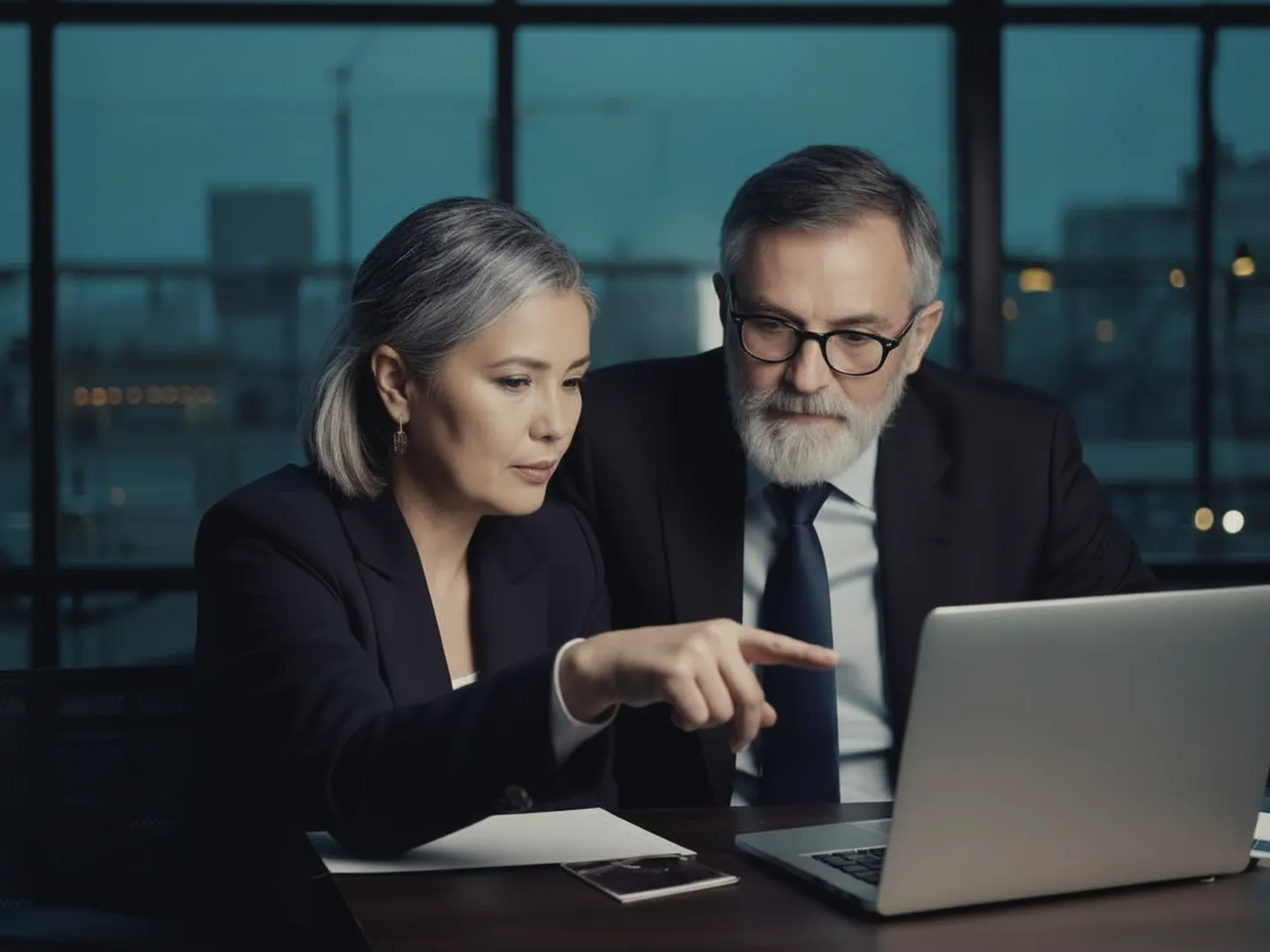 Two senior marketing executives at one laptop; she points at the screen and he nods.